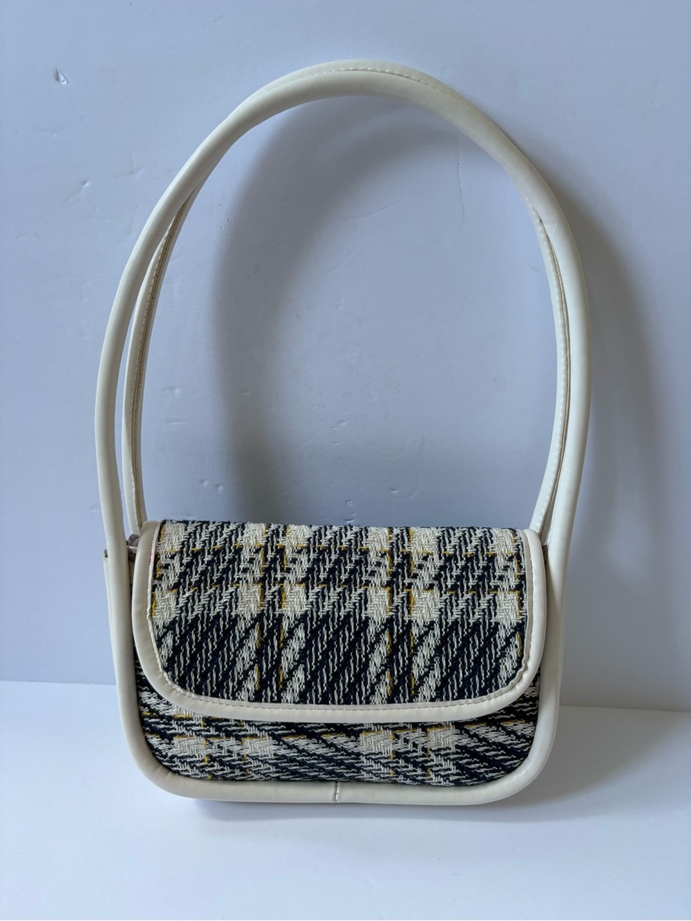 White Blue Houndstooth Check Long Handle Y2K Mini Bag Purse Preppy Academia